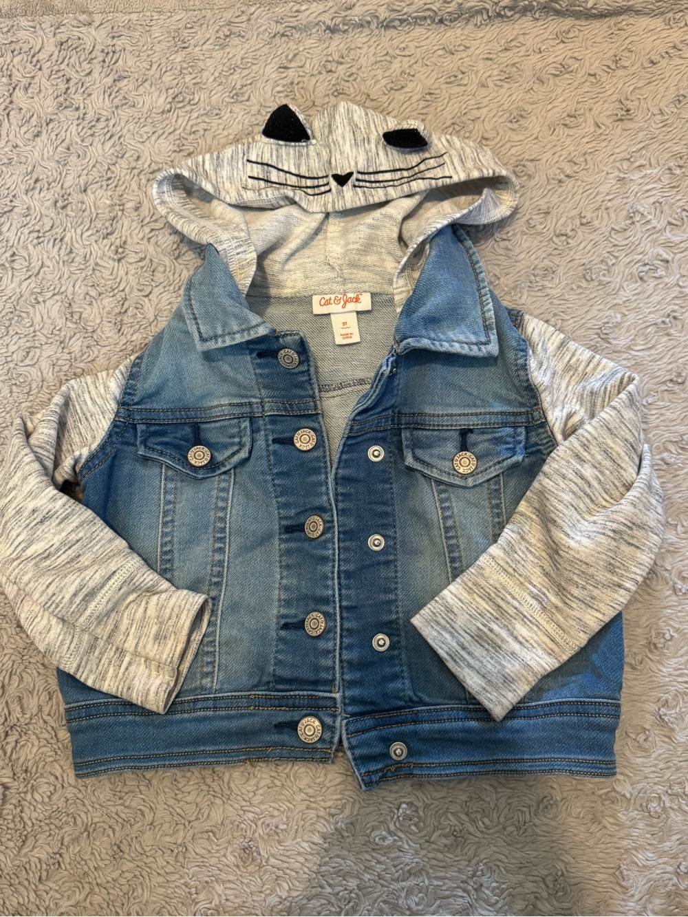 Cat & Jack Toddler Girl Blue Denim Hooded Jacket with Gray Sleeves - 2T